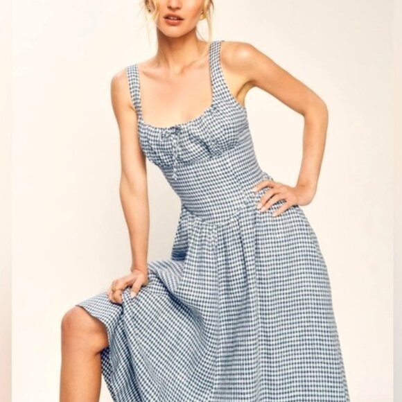 Reformation Dresses & Skirts - NEW Reformation Balia Midi Linen Dress in Slate Check Plaid Navy White | size 2